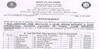 ESIC Gujarat Specialists, Senior Resident Result 2020