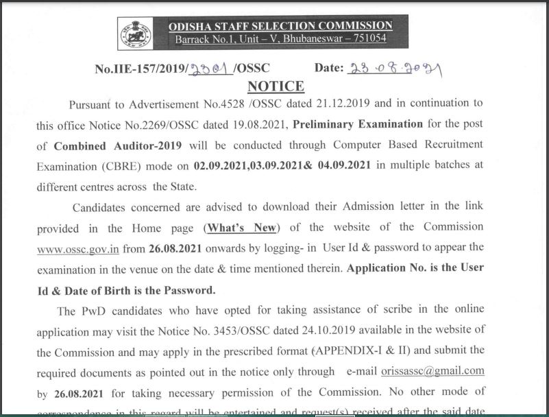 Ossc Combined Auditor Prelims Admit Card 2021 New Download