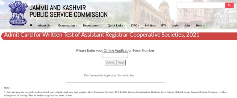 JKPSC ARCS Admit Card 2021