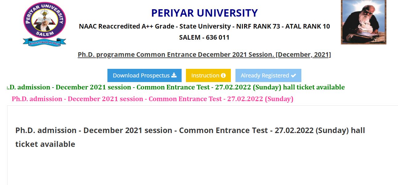 phd entrance exam in periyar university