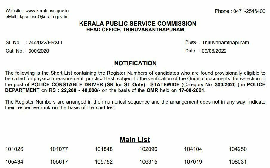 Kerala PSC Police Constable Driver Result 2022