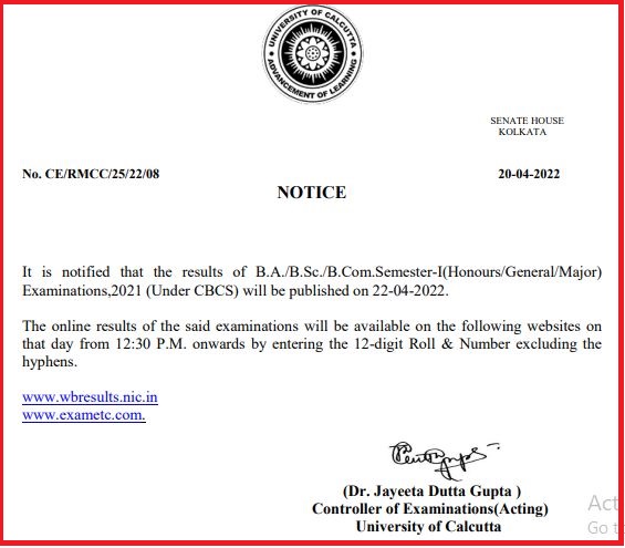 Calcutta University 1st Sem Result 2022 Released, Check Score Here