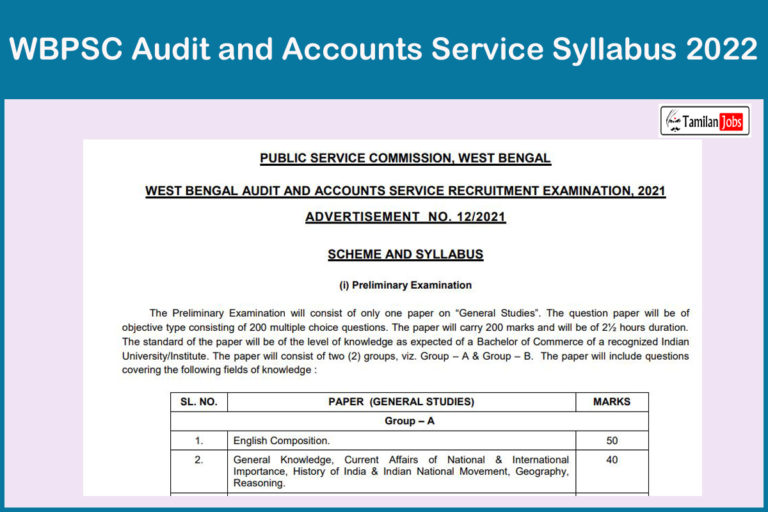 WBPSC Audit and Accounts Service Syllabus 2022