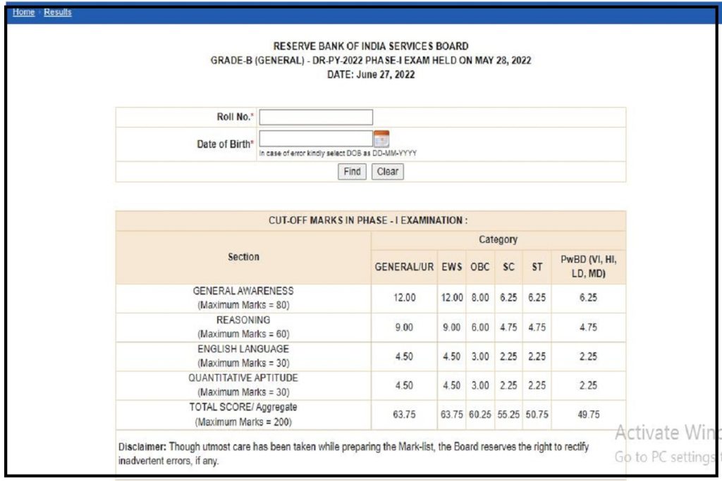 RBI Grade B Phase 1 Scorecard 2022 OUT Direct Link To Download Here