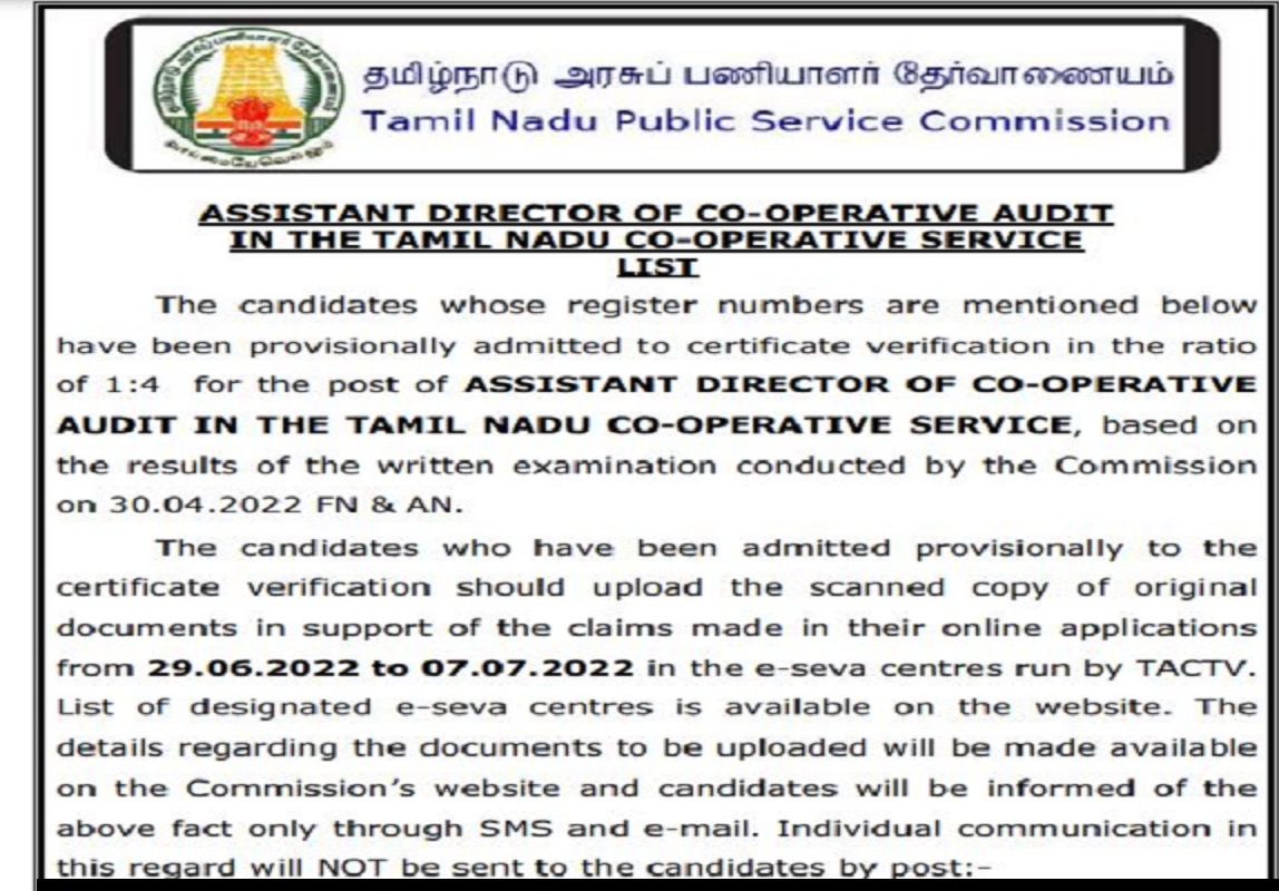 TNPSC Assistant Director of Co-operative Audit Result 2022