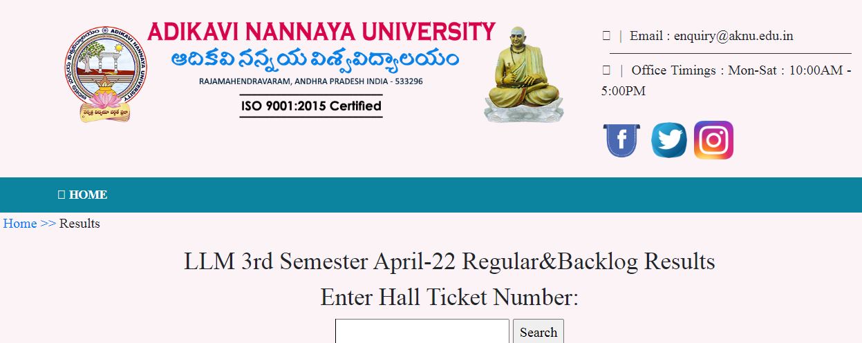 Adikavi Nannaya University UG 3rd Sem Result 2022