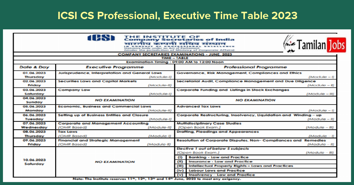 ICSI CS Professional, Executive Time Table 2023 (Out) Check Here
