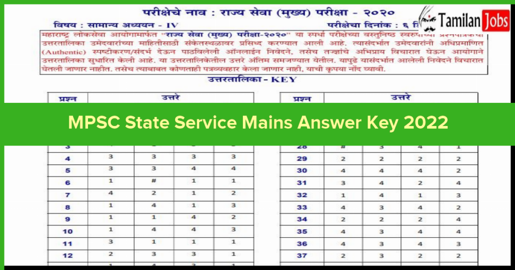 Mpsc State Service Mains Answer Key Out Mpsc Gov In Download Here