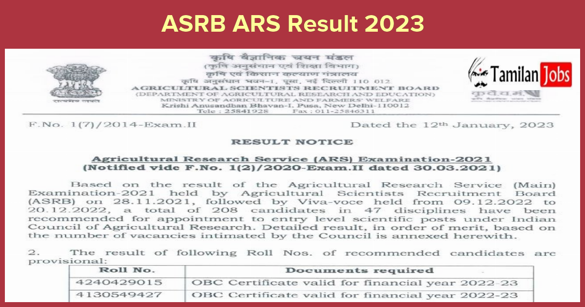 ASRB ARS Result 2023