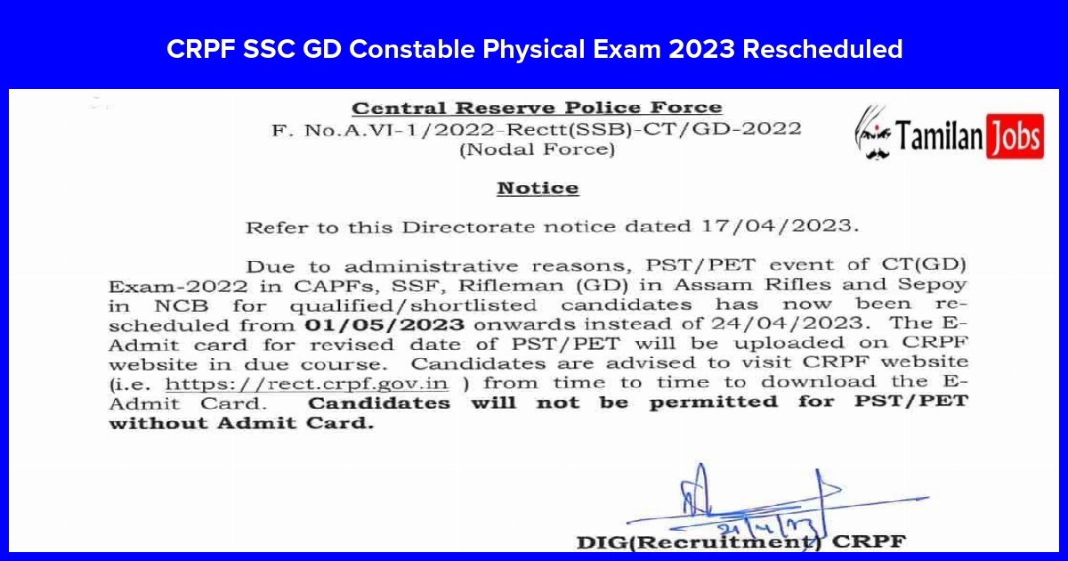 Crpf Ssc Gd Constable Physical Exam 2023 Rescheduled: Admit Card For Pst/Pet Released Soon