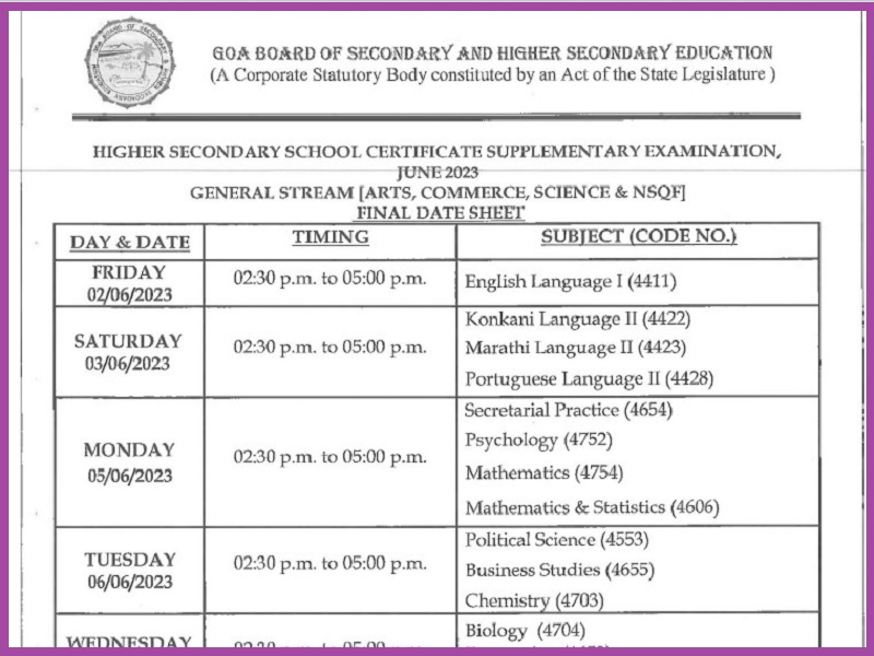 Goa Board HSSC supplementary Exam Dates 2023