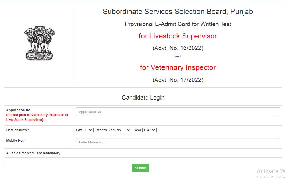 PSSSB Live stock Supervisor Admit Card 2023