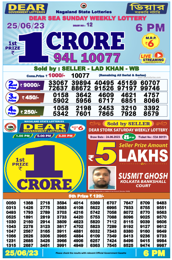 Lottery Sambad Today 26.6.2023 Result 1pm 6pm 8pm List