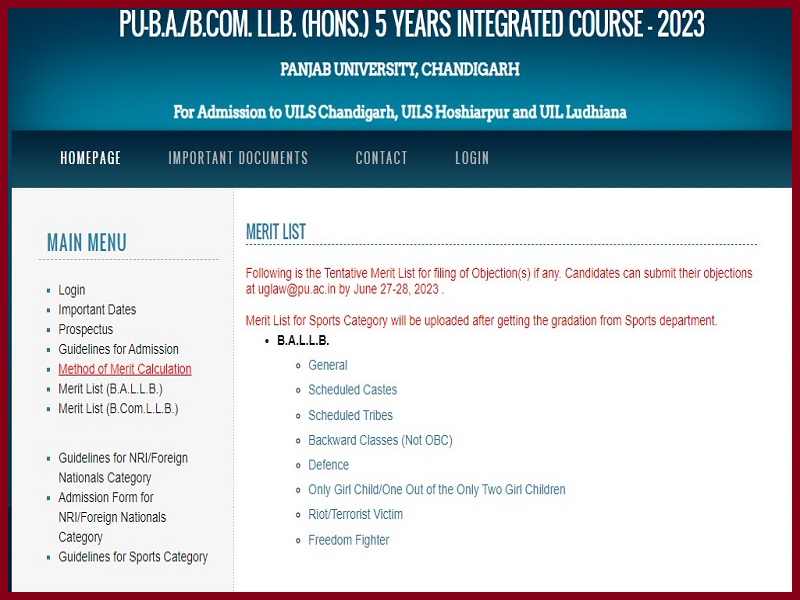 PU UG LAW Merit List 2023