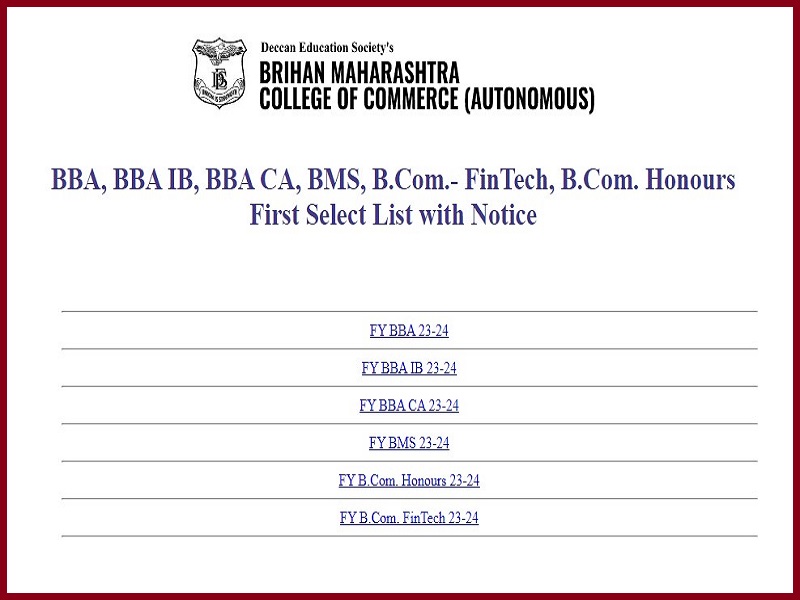 BMCC Pune Merit List 2023