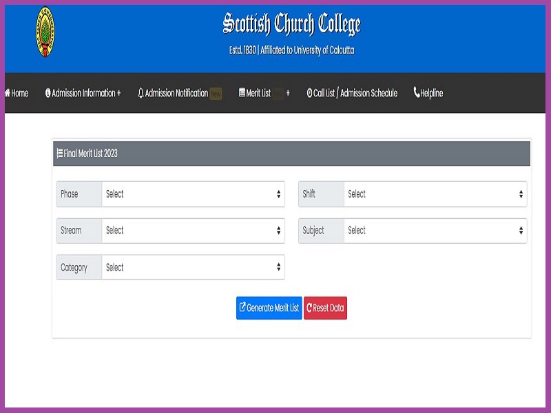 Scottish Church College UG Merit List 2023