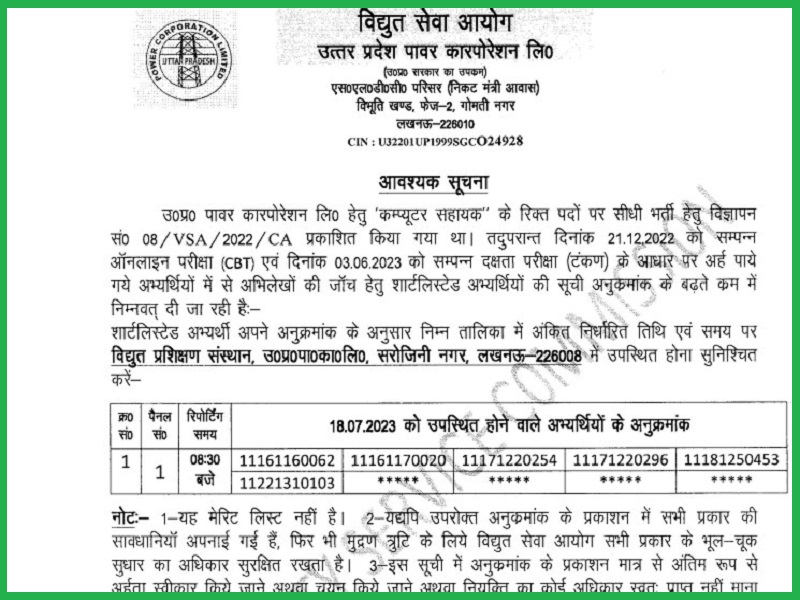 UPPCL Camp Assistant Result 2023