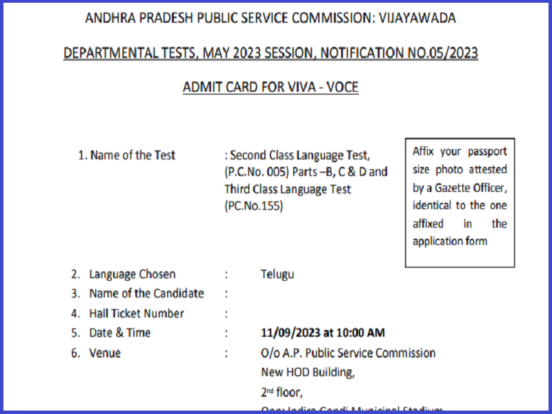 APPSC Departmental Test Viva Voce Hall Ticket 2023