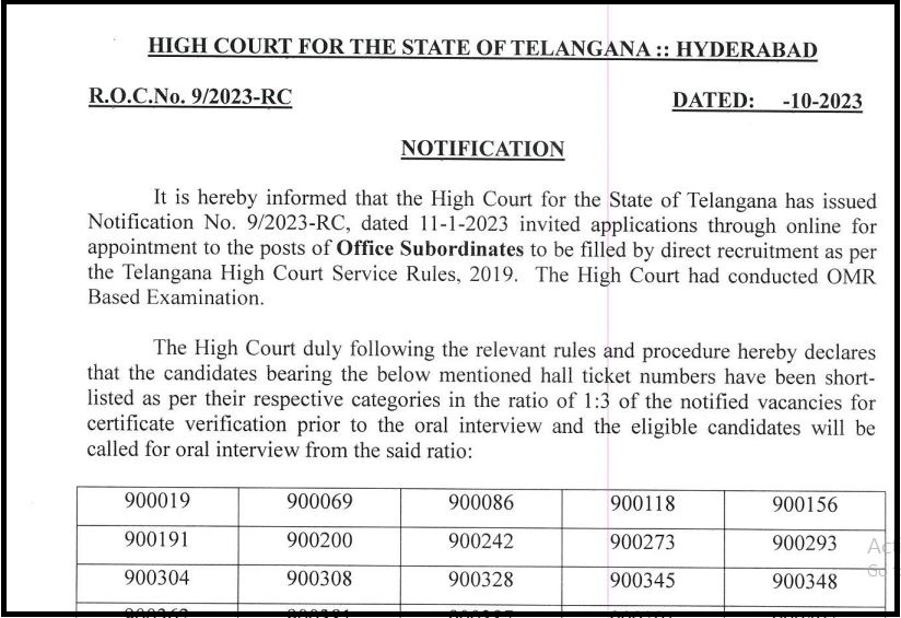 TS High Court Office Subordinate Result